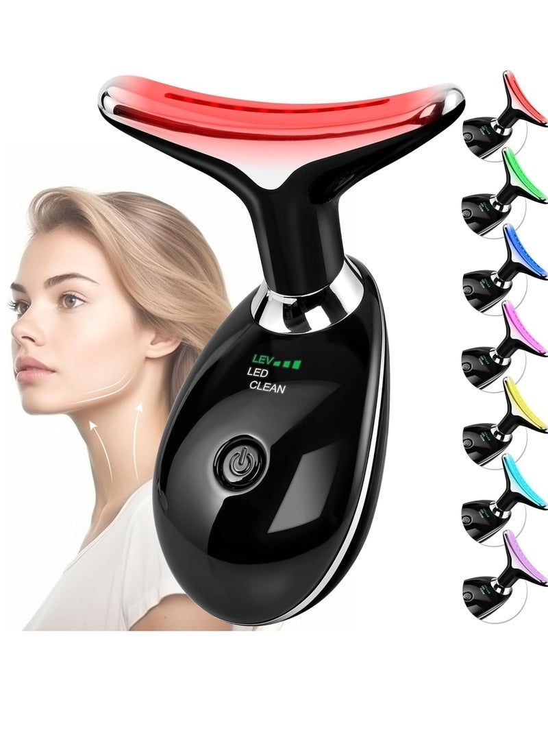 Electric Face Neck Massager, Portable High Frequency Heat Massage Face Lifting, Red Light Therapy for Face and Neck, EMS Facial Massager Face Toning for Women with 7 Color Black - Image 1